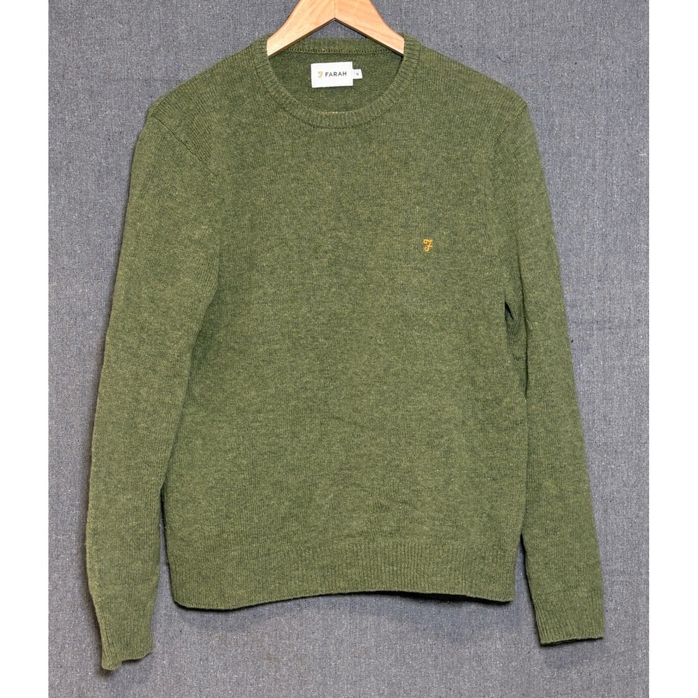 Farah‎ Mens Lambswool Crew Neck Sweater Olive Green Jumper Knit Size M